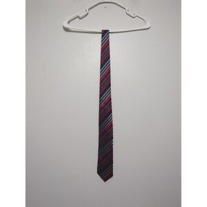 Geoffrey Beene Mens Handmade 100% Silk Tie Red Silver Black Striped Necktie